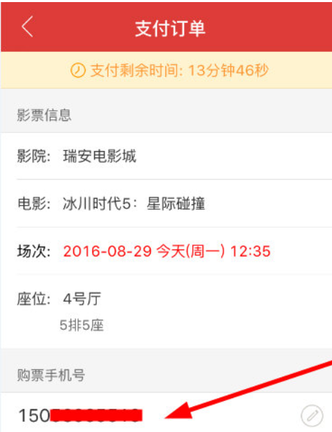 猫眼定影“支付订单”界面